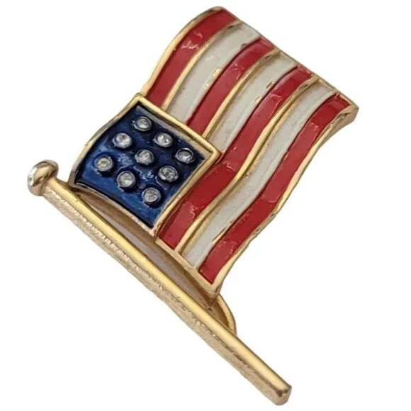 Trifari Red White Blue Enamel Clear Rhinestone US Flag Brooch Pin, Signed E711